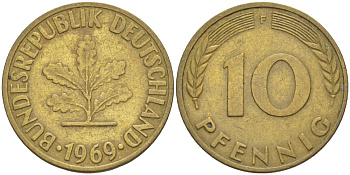 ФРГ 10 ПФЕННИГОВ 1969 F KM 108, J. 383 сталь плакированная латунью 4182-757