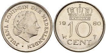 Нидерланды 10 центов 1980 Юлиана (1949-1980) KM 182 никель    4598-343