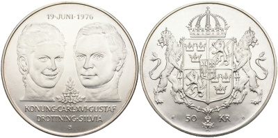 Швеция 50 крон 1976 U, королевская свадьба Карла XVI и королевы Сильвии KM 854 серебро UNC 4552-913