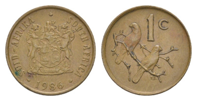 ЮАР 1 цент 1986 герб, капские воробьи KM 82 бронза 4627-1157