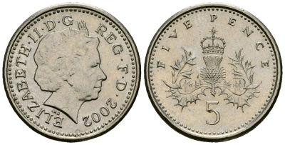 Великобритания 5 пенсов 2002 Елизавета II (1952-2022) KM 988, Spink 4670 (D5) медно-никель 4173-765