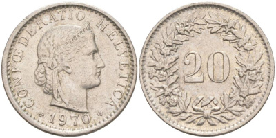 Швейцария 20 раппенов 1970 KM 29a медно-никель 55-926