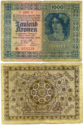 АВСТРИЯ 1000 КРОН 1922 Pick 78 бумага 3295-12-2