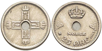 НОРВЕГИЯ 25 ЭРЕ 1949 ХОКОН VII (1905-1957) KM 384 медно-никель 116-1118