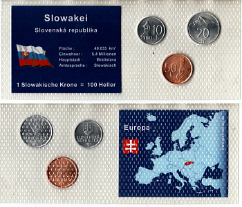 Словакия набор из 3 монет (10, 20 и 50 геллеров) 2001 и 2002 в красочной упаковке с информацией о стране KM 17, 18 и 35 UNC 2-6-3-123