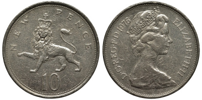 Великобритания 10 пенсов 1976 Елизавета II (1952-2022) KM 912, Spink 4231 (F1) медно-никель 3855-934