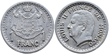 Монако 1 франк 1943 Луи II (1922-1949) KM 120 алюминий 4393-1252