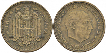 ИСПАНИЯ 1 ПЕСЕТА 1953 (63) ФРАНСИСКО ФРАНКО ДИКТАТОР ИСПАНИИ (1939-1975) KM 775 алюминиевая бронза 3457-714