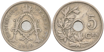 БЕЛЬГИЯ 5 САНТИМОВ 1910 BELGIE KM 67 медно-никель 187-962