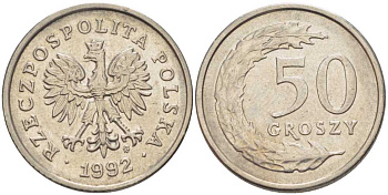 Польша 50 грошей 1992 MW KM 281, Parchimowicz 706c медно-никель 28-727
