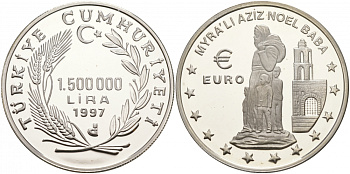 Турция 1500000 лир 1997 Санта-Клаус из Миры (Николай Чудотворец) KM 1100 серебро PROOF 02-038-31