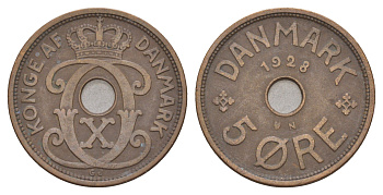 Дания 5 эре 1928 N, Кристиан X (1912-1947) KM 828 бронза 4657-237