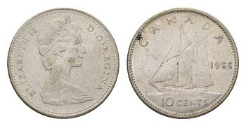 Канада 10 центов 1966 Елизавета II (1952-2022), парусник KM 61 серебро 4623-946
