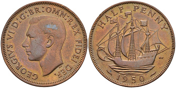 Великобритания 1/2 пенни 1950 Георг VI (1936-1952) KM 868, Spink 4118 бронза 4143-634