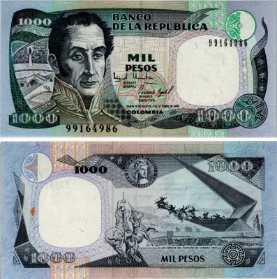 Колумбия 1000 песо 1995 Banco de la Republica, портрет Симона Боливара, памятник героям Пантано-де-Варгас Pick 438 бумага UNC (пресс) 6281-53-4-2