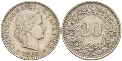 Швейцария 20 раппенов 1960 В KM 29а медно-никель 190-452