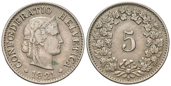 Швейцария 5 раппенов 1921 B KM 26 медно-никель 4617-431