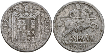 Испания 10 сентимо 1940 рыцарь на коне, Франсиско Франко (1939-1975) KM 766 алюминий 4121-653