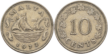 Мальта 10 центов 1972 баржа Великого магистра KM 11 медно-никель 82-411
