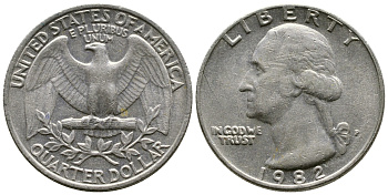 США 25 центов = квотер 1982 P, Вашингтон KM А164а медь плакированная медно-никелем 4364-2226