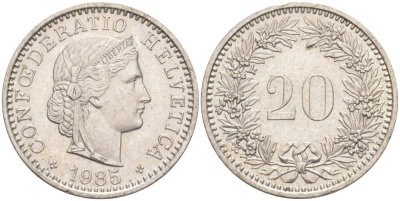 Швейцария 20 раппенов 1985 KM 29a медно-никель 55-1023