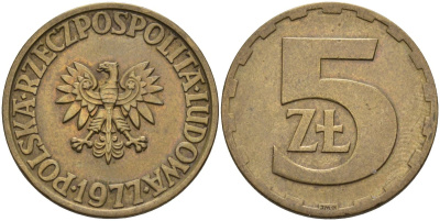 Польша 5 злотых 1977 монетный двор Ленинград (ЛМД) KM 81.1, Parchimowicz 221c латунь 4546-333