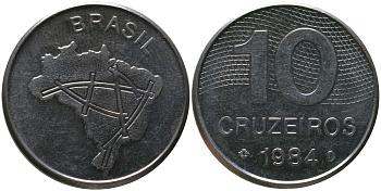 Бразилия 10 крузейро 1984 KM 592.1, Schon 101 нержавеющая сталь aUNC 4519-154