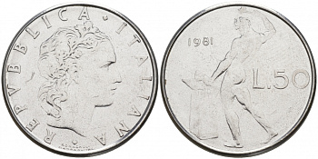 ИТАЛИЯ 50 ЛИР 1981 R, КУЗНЕЦ KM 95.1 нержавеющая сталь 186-256