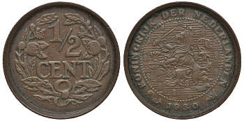 НИДЕРЛАНДЫ 1/2 ЦЕНТА 1930 ВИЛЬГЕЛЬМИНА I (1890-1948) KM 138 бронза 4381-633