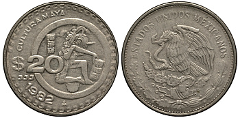 МЕКСИКА 20 ПЕСО 1982 КУЛЬТУРА МАЙЯ KM 486 медно-никель VF+ 118-925