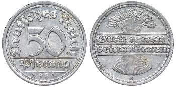 Германия 50 пфеннигов 1920 G KM 27, J. 301 алюминий 4163-832