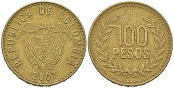 Колумбия 100 песо 2007 KM 285.2, Restrepo 445.8 латунь 4619-542