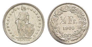 Швейцария 1/2 франка 1960 KM 23 серебро 4636-111