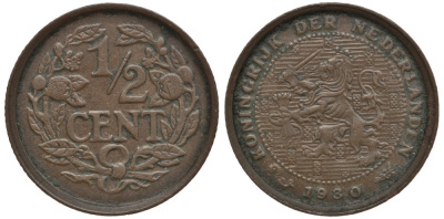 НИДЕРЛАНДЫ 1/2 ЦЕНТА 1930 ВИЛЬГЕЛЬМИНА I (1890-1948) KM 138 бронза 4381-633