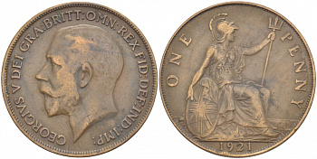 Великобритания 1 пенни 1921 Георг V (1910-1936) KM 810, Spink 4051 бронза 215-321