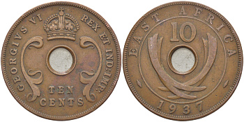 Британская Восточная Африка 10 центов 1937 Георг VI (1936-1952) KM 26.1 бронза 3333-1135