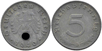 ГЕРМАНИЯ 5 РЕЙХСПФЕННИГОВ 1940 B KM 100, J. 370 цинк 105-241