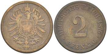 Германия 2 пфеннига 1876 C, старогербовка KM 2, Jager 2, Weege 3 медь 212-657
