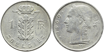 БЕЛЬГИЯ 1 ФРАНК 1969 BELGIE KM 143.1 медно-никель 4388-1155