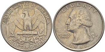США 25 ЦЕНТОВ = КВОТЕР 1991 Р, ВАШИНГТОН KM А164а медь плакированная медно-никелем 31-757