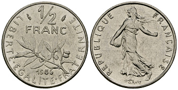Франция 1/2 франка 1986 сеятель KM 931.1, Le Franc 198.25 никель 4135-727