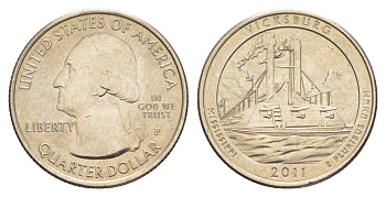 США 25 центов (квотер, 1/4 доллара) 2011 P, Квотеры «Парки США» - Национальный парк Виксбург KM 497 медь плакированная медно-никелем UNC 4638-424