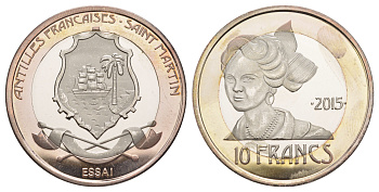 Французская Вест-Индия или Французские Антильские острова (Сен-Мартен) 10 франков 2015 ESSAI (пробник) биметалл BU 1082-4-54