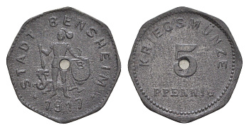 Бенсхайм 5 пфеннигов 1917 Funck 34.2A, Men05 1739.2, Men18 2245.2 цинк 4639-147