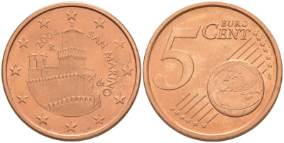 САН-МАРИНО 5 ЕВРОЦЕНТОВ 2004 KM 442 сталь плакированная медью UNC 68-747