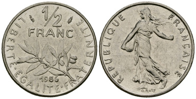 Франция 1/2 франка 1986 сеятель KM 931.1, Le Franc 198.25 никель 4135-727