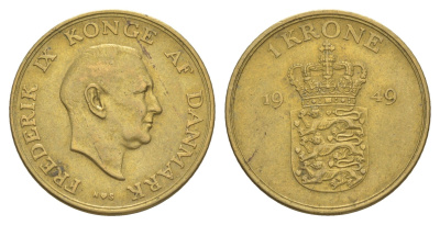 Дания 1 крона 1949 N, Фредерик IX (1947-1972) KM 837 алюминиевая бронза 4638-726