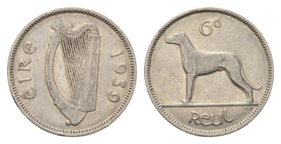 Ирландия 6 пенсов 1939 собака, ирландский волкодав KM 13 никель 3851-1246
