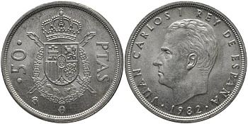 ИСПАНИЯ 50 ПЕСЕТ 1982 ХУАН КАРЛОС I (1975-) KM 825 медно-никель UNC 69-842