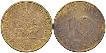 ФРГ 10 пфеннигов 1976 J KM 108, J. 383 сталь плакированная латунью 58-1216